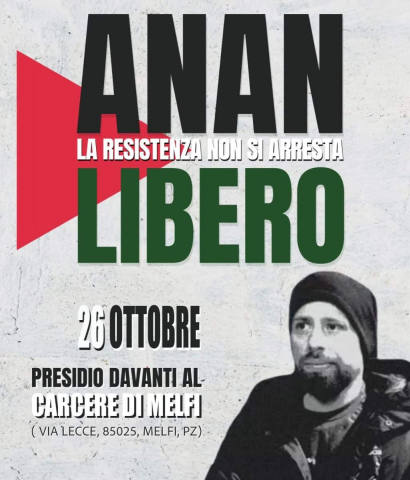 Locandina del presidio a Melfi per Anan Yaeesh