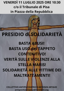 Locandina del presidio di solidarietà con le vittime del caso Stella Maris.