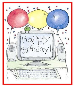 Disegno a matita con un computer nel cui monitor è riportata la scritta "Happy Birthday", con palloncini colorati