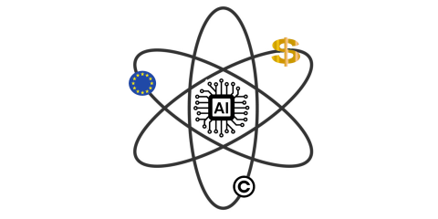 L'intelligenza artificiale rappresentata come un atomo: al centro l'IA, intorno l'Unione Europea, i dollari, il copyright