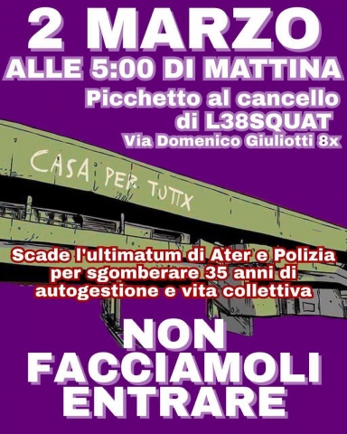 Locandina picchetto il 2 marzo a L38Squat
