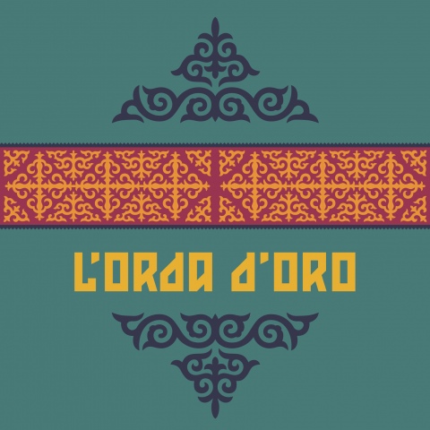 Logo dell'orda d'oro, sfondo verde con decorazione kazaka tradizionale rossa e gialla