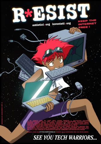 Una persona corre portando monitor, tastiere, computer. La scritta dice "See you, tech warriors..."