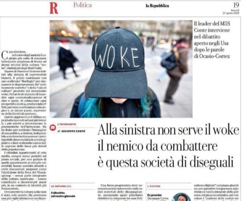 Pagina di Repubblica con articolo di Conte sul woke