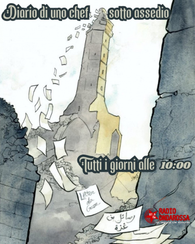 locandina con fogli che volano da una torre 