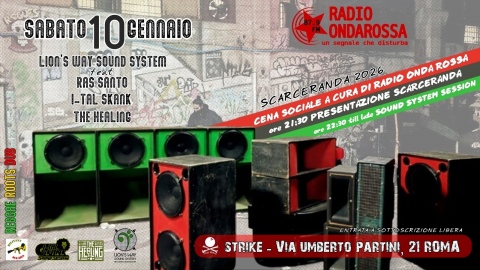 Locandina presentazione Scarceranda 2026 a Strike con Lion's Way Sound System