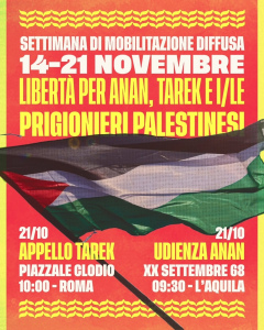 Locandina settimana di mobilitazione diffusa per Anan, Tarek e i-le prigionieri palestinesi