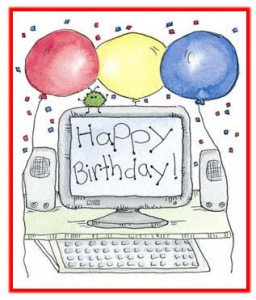 Disegno a matita con un computer nel cui monitor è riportata la scritta "Happy Birthday", con palloncini colorati