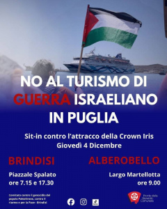 Locandina "No al turismo di guerra israeliano in Puglia"
