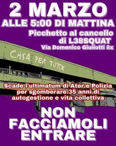 Locandina picchetto il 2 marzo a L38Squat