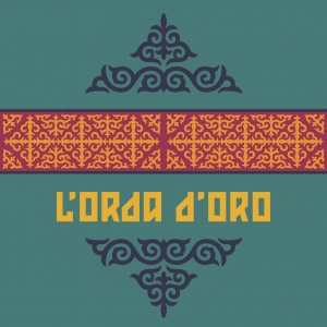 Logo dell'orda d'oro, sfondo verde con decorazione kazaka tradizionale rossa e gialla