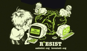 Delle persone usano i computer - che recano la scritta "Free Connection" - tramite dei cavi che formano una A cerchiata