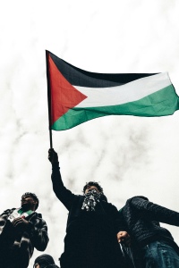 Immagine di un uomo che manifesta con la bandiera palestinese